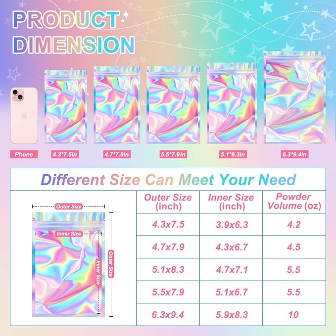ANZNKU 100 Pack Mylar Bags Reasealable Holographic Bags, Smell Proof Bag Zipper Pouches with Clear Window, Jewelry Candy Sealable Bag for Packaging Sample Party Favor (4.3 x 7.5 Inch)
