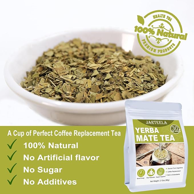 Jarteela - Yerba Mate Tea Bag, 2g x 30 Count - Unsmoked Mate Tea from Argentina - Yerba-mate Tea Bags for Relaxation - Perfect Coffee Replacement