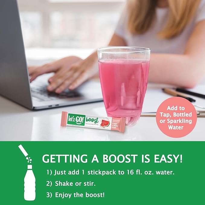Let'z Go Clean Energy Drink Mix [Healthy Caffeine] Energy Drink Powder With Natural Caffeine Packets, High in Vitamins C + D, Electrolytes, Hydration | Sugar Free | Pre Workout | 15 Count Watermelon
