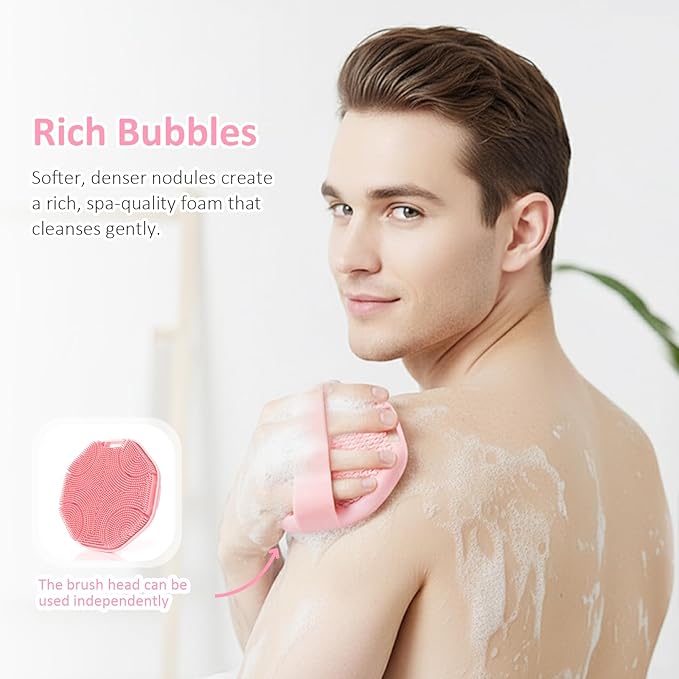 3PCS Extender Handle Set,17in Lengthen Detachable Long Handle Back Brush*1,Silicone Body Scrubber for Gentle Exfoliating and Massage Can Produce Rich Foam*2,Long Handle Back Scrubber for Men (White)