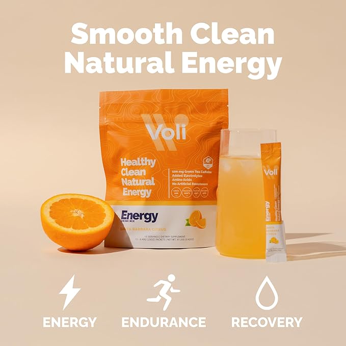 Voli Energy Drink Mix Packets | Natural Pre-Workout Powder with Green Tea Caffeine & B Vitamins, Amino Acids & Electrolytes for Sustained Focus, Hydration & Clean Energy | No Added Sugar, 15-Count