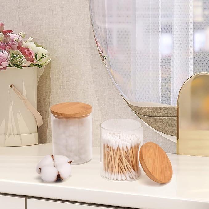 2 Pack Glass Qtip Holder Dispenser Set - Apothecary Jars with Lids - Vanity Makeup Organizer and Bathroom Canister Storage Organizer for Cotton Ball, Swab, Round Pads,Floss