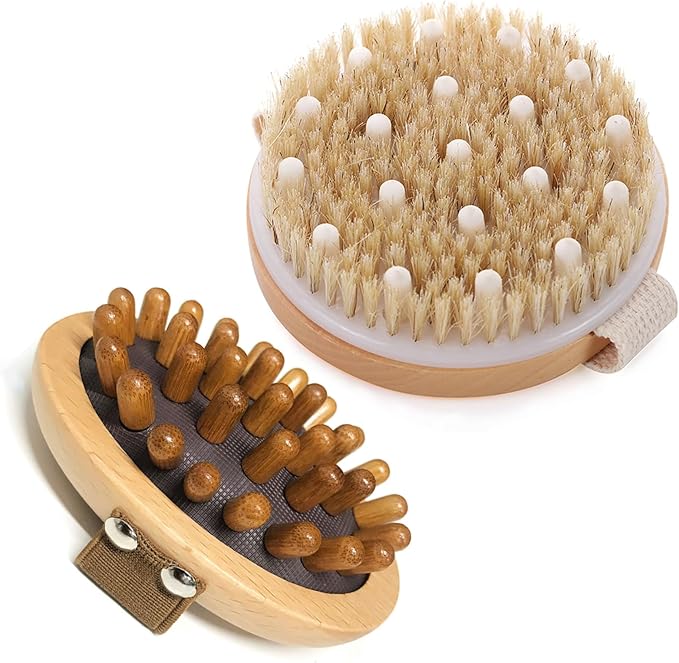 BoAn 2 Piece Shower Brush Set - Natural Wooden Massage Brush for Dry Skin, Lymphatic Drainage and Cellulite Care Body Brush for Exfoliating Body Scrubber and Cellulite Treatment