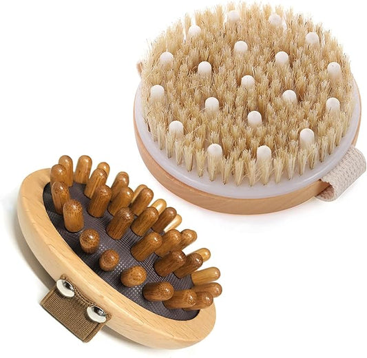 BoAn 2 Piece Shower Brush Set - Natural Wooden Massage Brush for Dry Skin, Lymphatic Drainage and Cellulite Care Body Brush for Exfoliating Body Scrubber and Cellulite Treatment