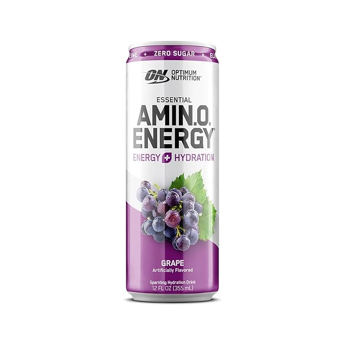 Optimum Nutrition Amino Energy Sparkling Hydration Drink, Electrolytes, Caffeine, Amino Acids, BCAAs, Sugar Free, Grape, 12 Fl Oz, 12 Pack (Packaging May Vary)