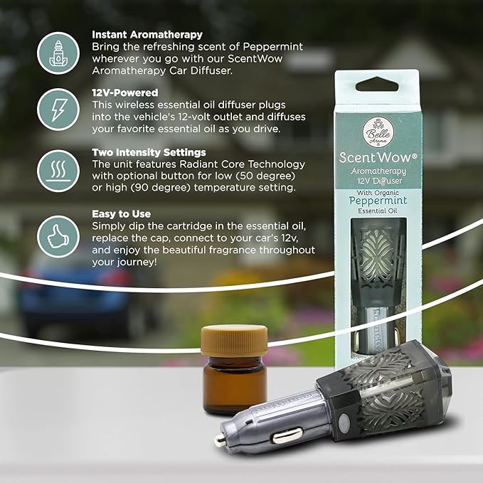 Belle Aroma ScentWow Aromatherapy - Peppermint Oil Car Diffuser for Essential Oils – Portable 12V Plug-In Mini Diffuser – Compact Travel Humidifier for Cars, Trucks & Small Spaces – Gray & Silver