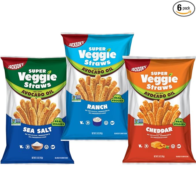 Jackson’s Super Veggie Straws™ Variety Pack (5 oz, Pack of 6) – Ranch, Cheddar, Sea Salt – Gluten Free, Made with Premium Avocado Oil, Veggie Chips, Snack Variety Pack, Veggie Straws Individual Bags