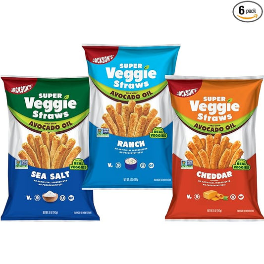Jackson’s Super Veggie Straws™ Variety Pack (5 oz, Pack of 6) – Ranch, Cheddar, Sea Salt – Gluten Free, Made with Premium Avocado Oil, Veggie Chips, Snack Variety Pack, Veggie Straws Individual Bags