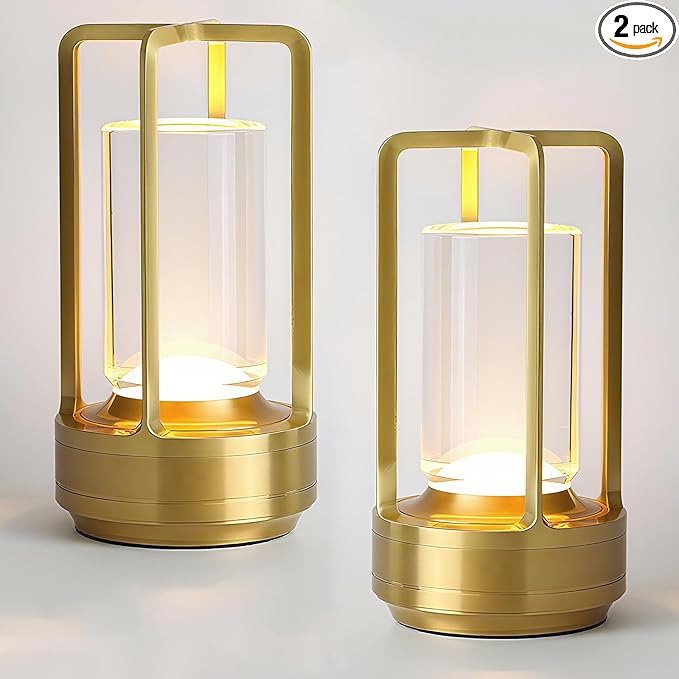 Crystal Lantern Lamp – 4000mAh Rechargeable Battery Operated Cordless Crystal Table Lamp with 3 Colors, Portable Desk Lamp for Indoor & Outdoor Patio, Camping, Restaurant (Gold, 2Pack)