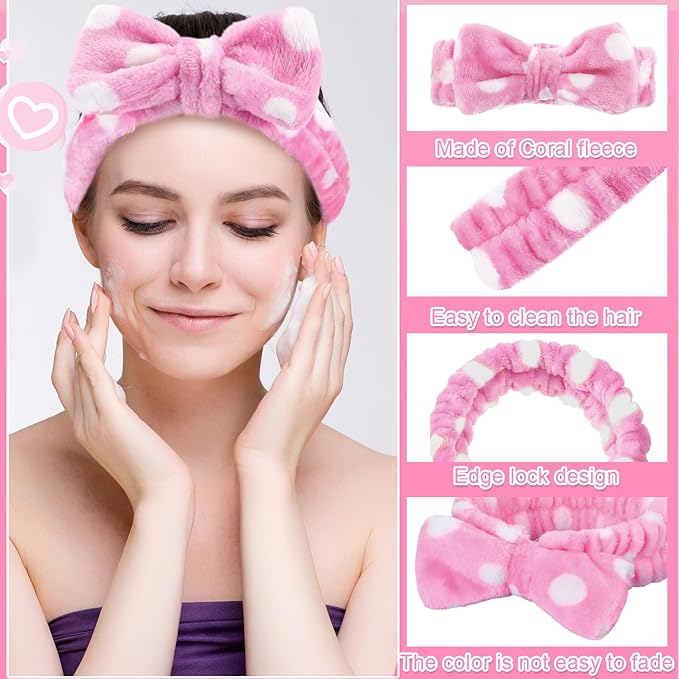 WILLBOND Spa Headband Bow Hairband Facial Makeup Women Face Wash Adjustable Skincare Headbands Flannel Towel Soft Head Wraps for Women Shower Washing Face(Sweet,24 Pieces)