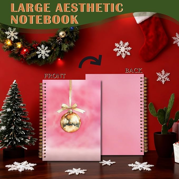 Exqcom Pink and Gold Christmas Ball Spiral Notebook Gifts, Vintage Xmas Ball Holiday Journal for Women, Pink Hardcover Notebook Journal Office School Supplies, 5.5x8.3 Inch