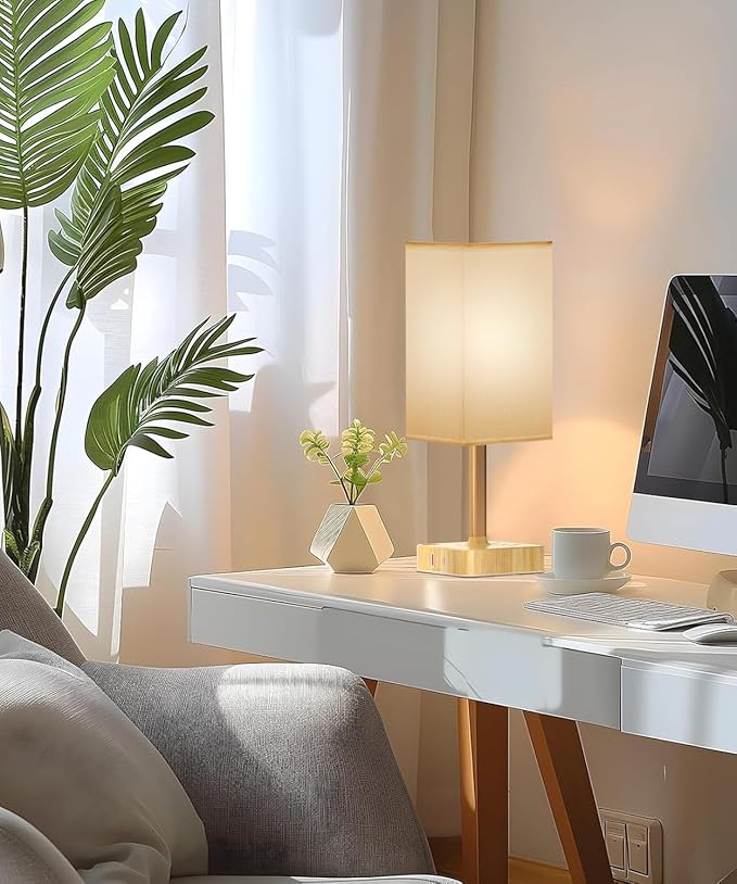 cozoo USB Bedside Table Desk Lamp with 2 USB Charging Ports and 2 AC Outlets,Dimmable Nightstand Lamp with Charger Base White Fabric Shade, LED Light Lamp for Bedroom/Nightstand/Living Room