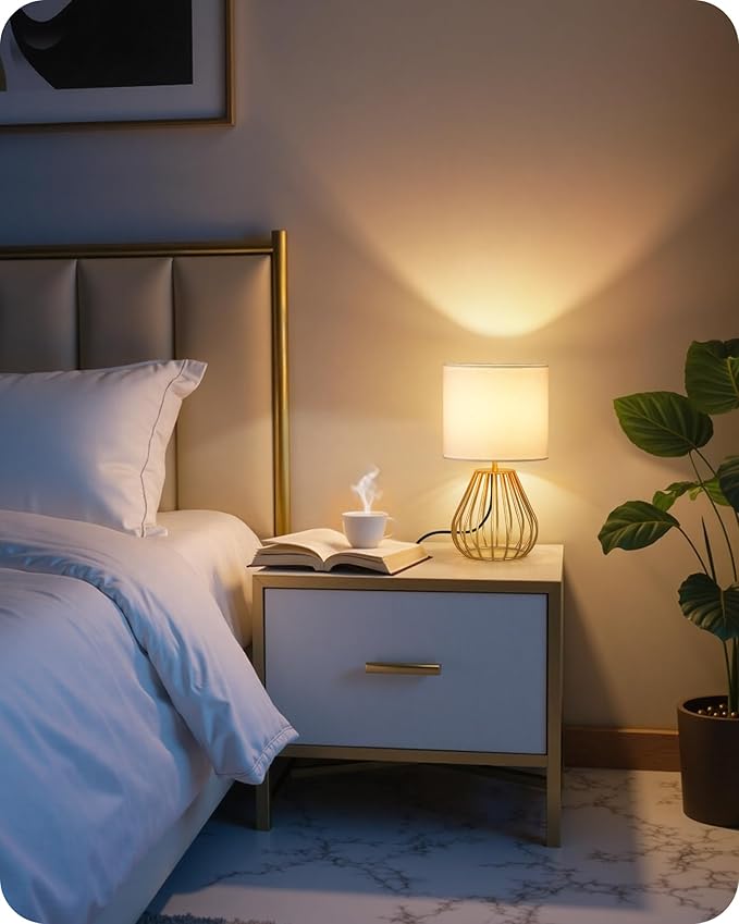 Bedside Table Lamp, Small Table Lamp with Teardrop Cage Linen Lampshade, Modern Nightstand Lamp, Small Cute Desk Lamp for Bedroom, Living Room, 2700K LED Bulb Included, Gold DCW06TL05