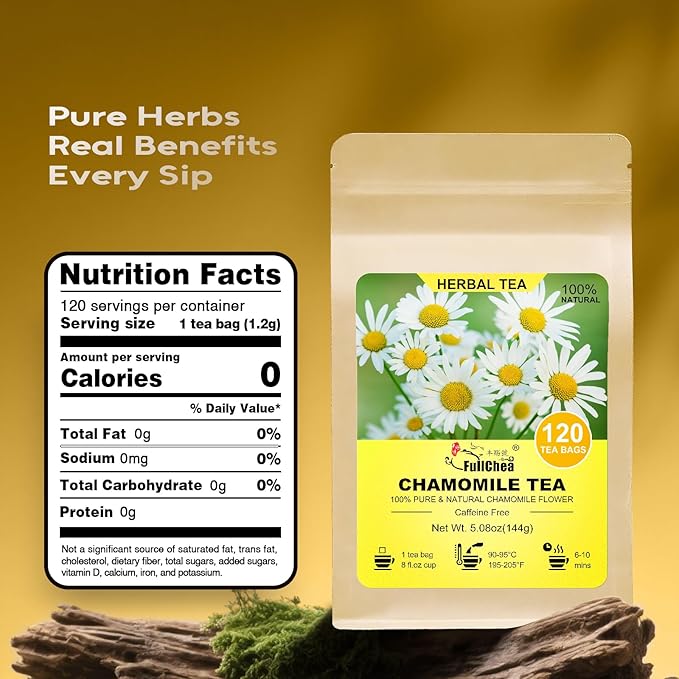 FullChea - Chamomile Tea bags, 120 Teabags, 1.2g/bag - Pure & Natural Chamomile Flowers - Caffeine-free Herbal Tea for Relaxation - Support Digestion & Boost Immune System