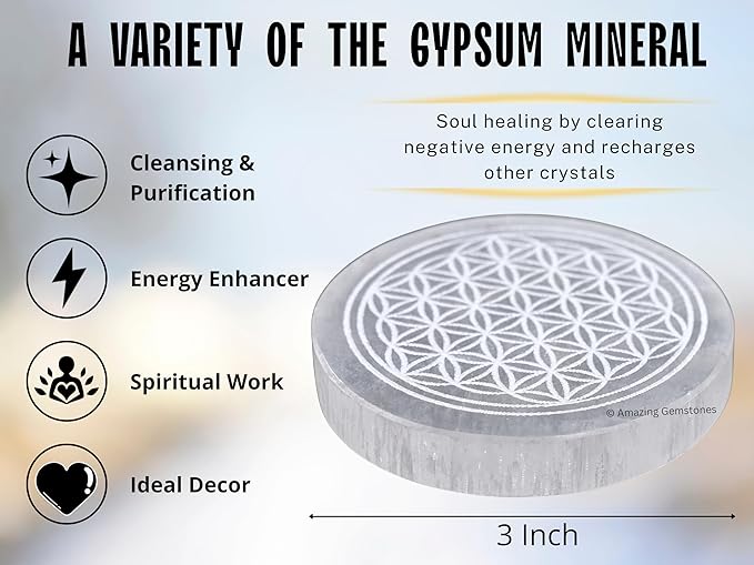 Amazing Gemstone Selenite Crystal Charging Plate For Crystals And Healing Stones, 3" Selenite Crystal Plate Engraved Flower of Life Coaster For Home, Office Table Decor (Selenite Round Disc)