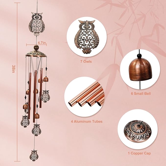 Copper Tone Animal Wind Chimes for Outdoors/Indoors - Owl Designs - Garden, Patio, Yard, Home Decor, for Women, Men, Mom, Birthday, Memorial, Housewarming (Owl)