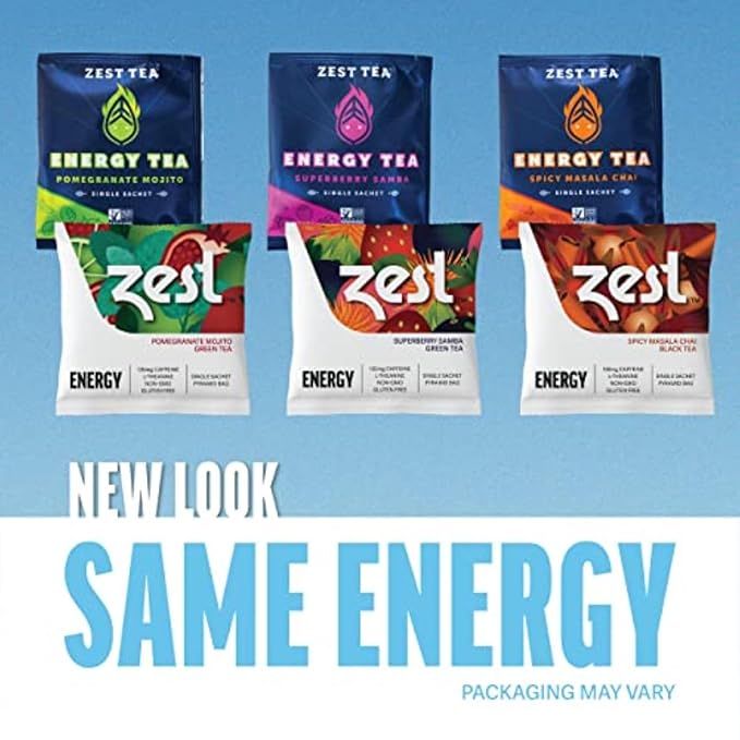 Zest 135-150mg High Caffeine Energy Leaf Blends - Variety Mini Sampler Pack - Black Tea & Green Tea - 6 Tea Bags - Natural Strong Flavored Healthy Coffee Alternative Highly Caffeinated Keto Substitute