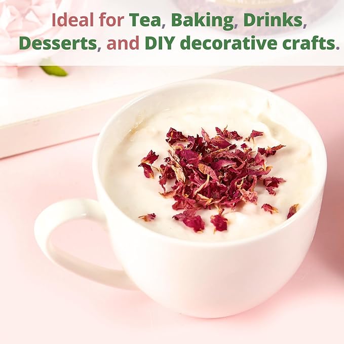 Dried Rose Petals Edible, 2.1oz (60g) Food Grade Rose Petals Tea– Culinary Roses Petals for Tea, Drinks, Baking & Cocktails, Edible Flower Petals for Cake Decorating, Desserts
