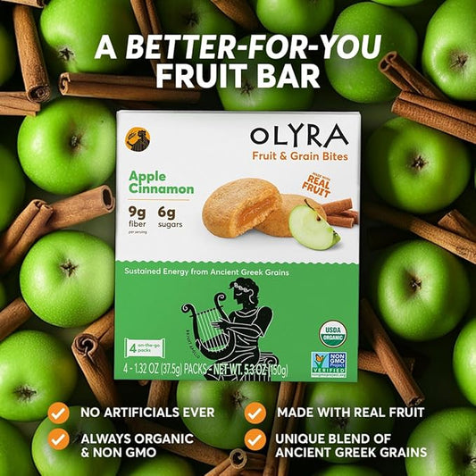 Olyra Apple Cinnamon - Organic Soft Baked Fruit Bars - High Fiber - Healthy Breakfast Snack with Real Fruit Filling - Healthy Snacks for Adults - Office & School Kids Snack - Pack of 12