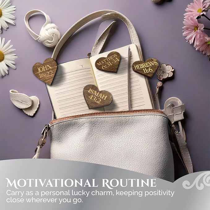 Biblical Affirmation Wood Cutouts | 72 Unique Laser Engraved Wood Hearts with Bible Verse Passages | Includes Desktop Affirmation Holder | Daily Religious Prayer Gift