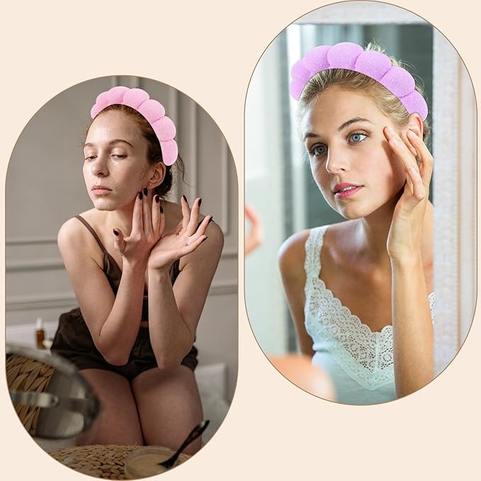 AMCAMI Puffy Spa Headband for Women Sponge Headbands for Girls 2 PCS Terry Towel Cloth Fabric Head Band for Skincare,Makeup Removal,Face Washing,Facial Mask,Shower,Hair Accessories（Purple&Light Pink）