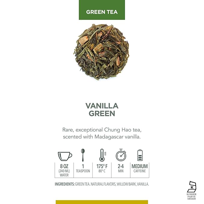Teabloom Kosher Certified Vanilla Green Tea, Loose Leaf Tea Blend in Reusable Gift Canister, 3.17 oz/90 g Canister Makes 35-50 Cups