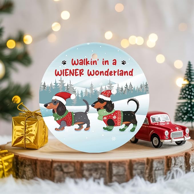 34HD Gifts for Christmas, Santa Dachshund Christmas Ornament Ceramic 2-Side Printed, Dachshund for Men Women, Christmas Hanging Decorations