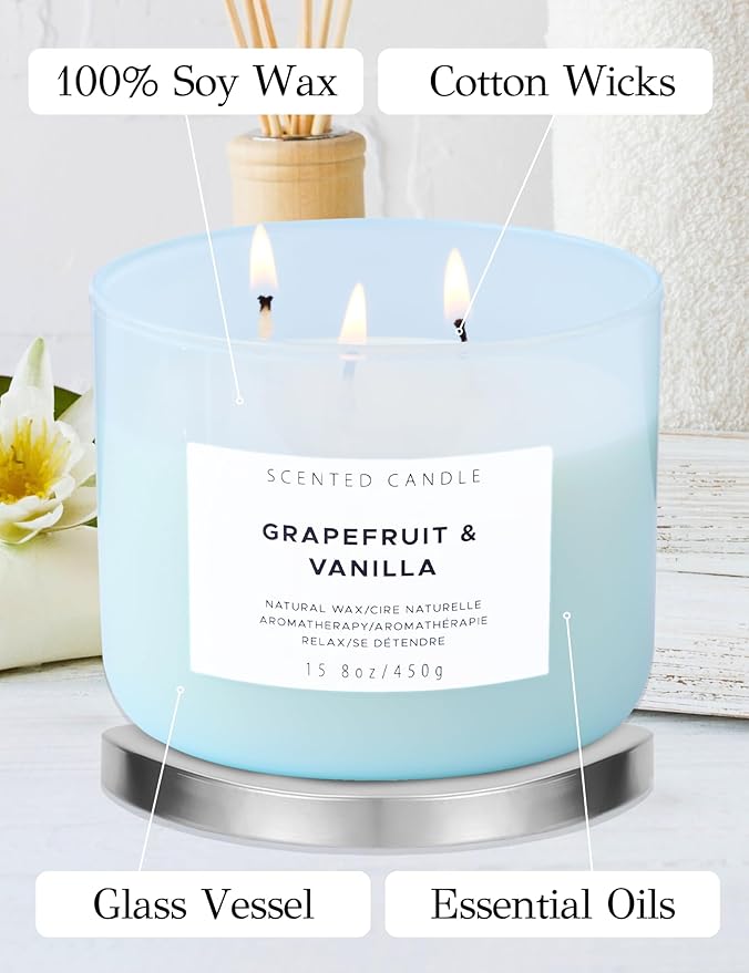Grapefruit Vanilla 3-Wick Scented Soy Candle, 15.8 oz - Aromatherapy Citrus & Vanilla Candle, Long-Lasting Clean Burn, Strong Throw