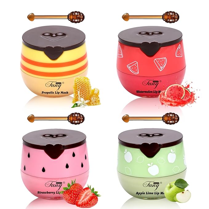 4 Pcs Bee Balm,Honey Strawberry Watermelon Bee Lip Balm Honey Pot,Moisturizing Lip Mask Overnight,Hydrate Repair Prevent Dry Cracked Lip Care (Honey+Strawberry+Watermelon+Apple Lime)