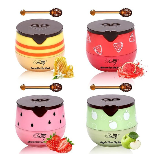 4 Pcs Bee Balm,Honey Strawberry Watermelon Bee Lip Balm Honey Pot,Moisturizing Lip Mask Overnight,Hydrate Repair Prevent Dry Cracked Lip Care (Honey+Strawberry+Watermelon+Apple Lime)