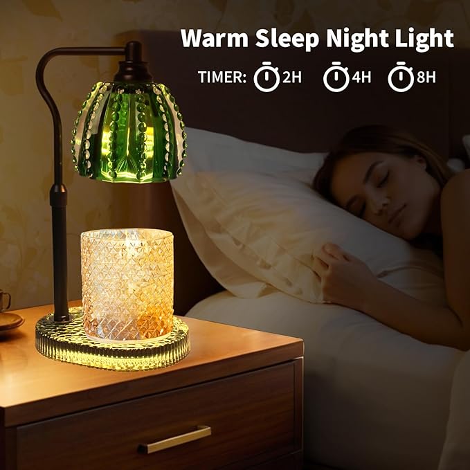 Candle Warmer Lamp with Timer: Adjustable Height and 4 Dimmer, Crystal Glass Base, Heater Wax Warmer for Jar Scented, Home Décor and Housewarming & Birthday Gift for Mom Woman, 2 Bulbs（Jade Green）