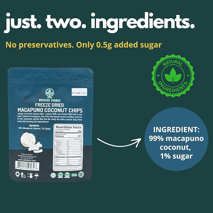 NOKKI FARM Freeze Dried Macapuno Coconut Chips - Healthy & Exotic Tropical Fruit Snacks, Low in Sugar, No Preservatives, Kid-Approved Shelf-Stable & Portable On-The-Go Snacking - 1.76 Oz