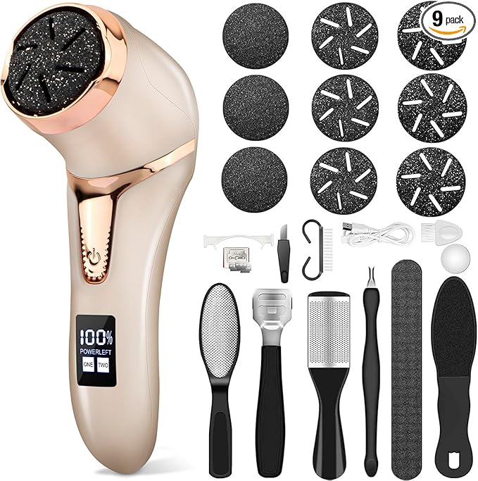 Electric Callus Remover for Feet, Portable Pedicure Kit Foot File Callus Remover, Rechargeable Waterproof Foot File for Foot Care Deadskin Remover with 9Head&LCD Display, Gold