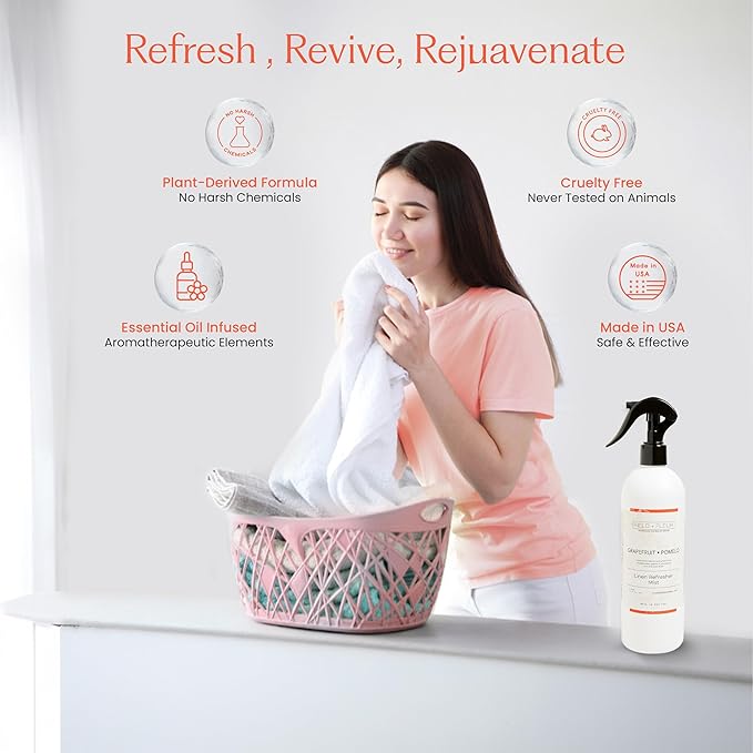 FIELD FLEUR Grapefruit Pomelo Linen & Room Spray 15.5 oz - Aromatic & Refreshing Bedding & Fabric Mist - Air Freshener for Clothes & Sofas - Notes of Grapefruit, Peach, Mint & Cassis - Made in USA