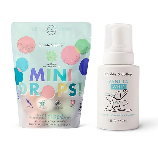 Dabble & Dollop Soothing Mini Bath Bombs & Vanilla Shampoo, Body Wash and Bubble Bath for Kids - All Natural, Resealable Pouch, Foaming Whip, USA Made, Vegan, Gluten-Free, Cruelty-Free (Pack of 2)