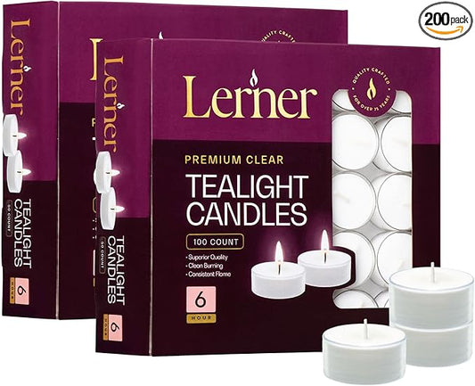 Lerner Tealight Candles in Clear Cups, 200 Count| 6 Hours Long-Burning White Tea Light Candles| Non-Toxic, Smokeless & Soot-Free Tea Light Warmer Candles | Unscented Party, Décor, Shabbat Tea Candles