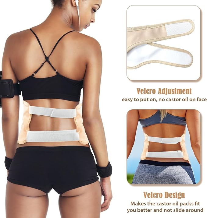 7 Pcs Castor Oil Pack Wrap with Flannel Cloth, Organic Cotton Castor Oil Pack Kit for Knee Wasit Breast and Neck, Castor Oil Compress Pads with Adjustable Elastic Straps (Oil Not Included)