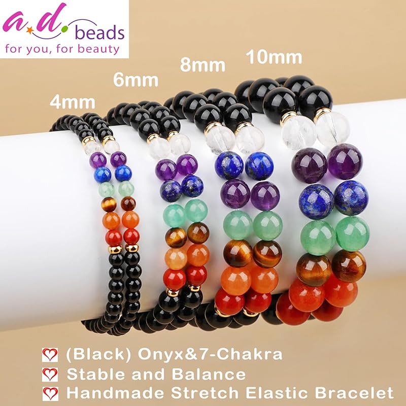 AD Beads Handmade Gemstone Stretch Elastic Bracelet Crystal Healing Reiki Nature's Beauty and Spiritual Essence Unisex (8mm, Onyx & 7-Chakra (Stable and Balance))