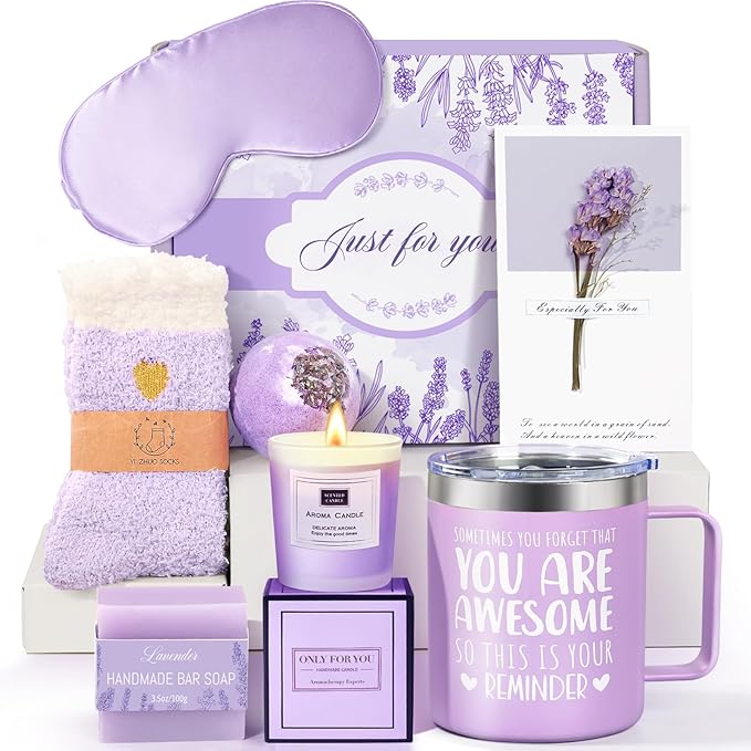 Birthday Gifts for Women Lavender Spa Gift Basket for Women Self Care Relaxing Bath Set Purple Gifts Inspirational Gift for Mom Wife Her Female Sister Teacher Nurse Friends Employee Coworker Spa Gifts