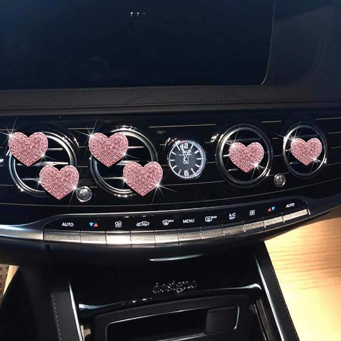 6 Pcs Heart-Shaped Crystal Diamond Air Vent Clip, Heart-Shaped Bling Charms Crystal Car Freshening Diffuser, Car Bling Interior Decorative Accessories for Women (pink)