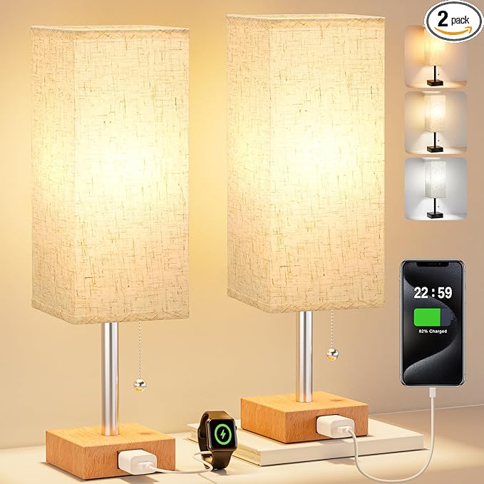 Fenmzee Table Lamp for Bedroom Set of 2 Nightstand - 3 Color Bedside Lamps with AC Outlets for Charging, Square Wooden Night Stand Light Lamp for Living Room, Office Desk