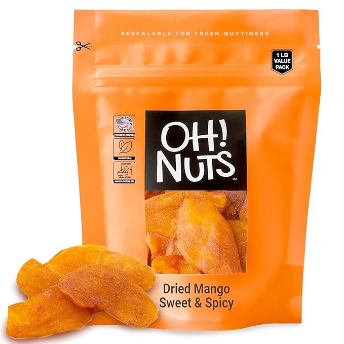 Oh! Nuts Dried Mango Sweet & Spicy - 1 lb - Sweetened Dried Fruit Slices - Packed in New York Zip-Seal Bag for Exceptional Freshness