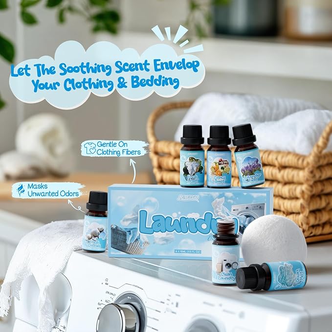 SALUBRITO Laundry Fragrance Oils, Clean Essential Oil Set for Home & Diffuser, Use With Wool Dryer Balls, Fresh Linen, Fresh Cotton, Lavender Field, Citrus Boost, Ocean Mist, Clean Laundry Scented Oil