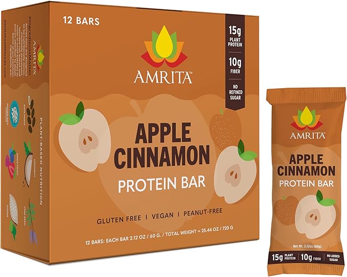 Amrita Nut Free Apple Cinnamon Vegan Protein Bars (12 Count) | 11g Plant-Based Protein Bar | Peanut Free, Gluten Free, and Dairy Free | Low Sugar, High Fiber, Healthy School-Safe Snacks