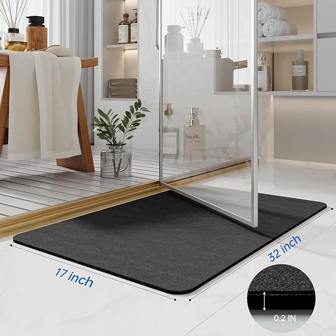 Bath Mat Rugs 32x17 - Diatomaceous Earth Bath Mats Quick Dry Absorbing Bathroom Rugs Rubber Non Slip Thin Bathroom Mat Fit Under Door, Bath Mat for Bathroom Floor, Tub and Shower, Sink, Dark Grey