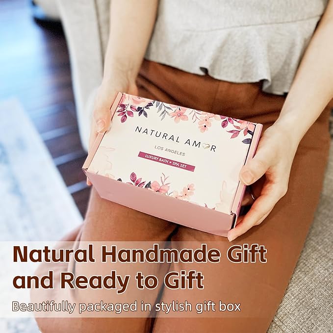 Natural Amor Handmade Spa Gifts for Women, Relaxing 5pcs Spa Gift Set for Women Including Citrus Handmade Soap Bar, Soy Candle, Bath Salt, Bath Bomb