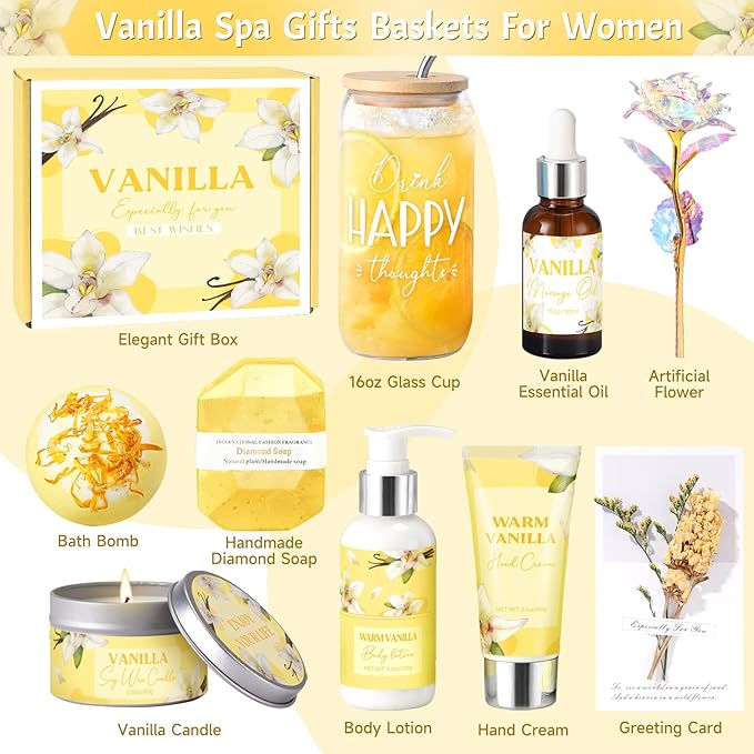 Birthday Gifts for Women, Relaxing Spa Gift Baskets for Women, Warm Vanilla Self Care Package Gifts, Mother's Day Bath and Body Inspirational Gift Set for Mom, Her, Wife, Best Friend, Sister, Coworker