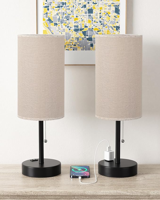 Fenmzee Plus Beige Bedside Table Lamps Set of 2-3 Color Temperatures Pull Chain Lamp with AC Outlet Charging Port, Two Round Night Stand Lamps for Bedroom Guest Room Office, Bed Side Light