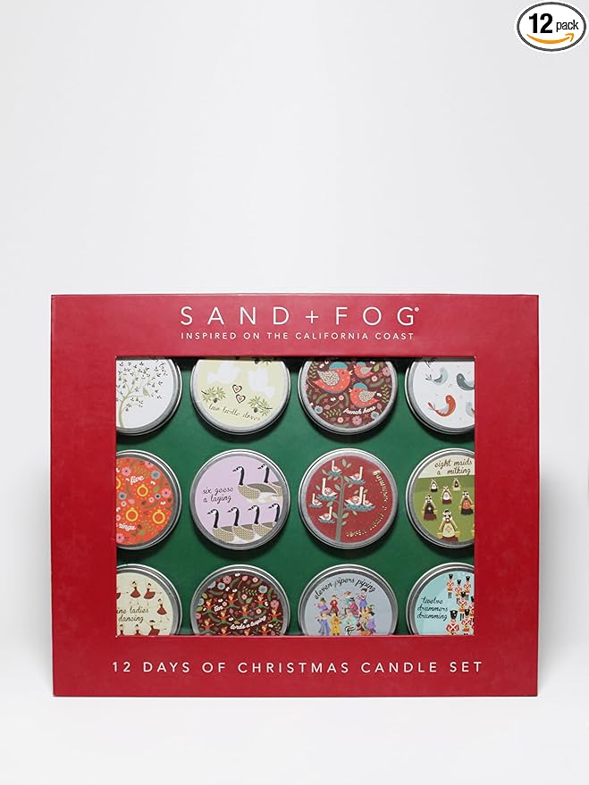 Sand + Fog - 12 Days of Christmas Candle Set - Winter Pine, Apple Cider, Cinnamon Noel, Balsam Cedar, Cinnamon Vanilla, Eucalyptus Fir, Frazier Fir, Golden Nutmeg, Holiday, Juniper Berry, Winter White