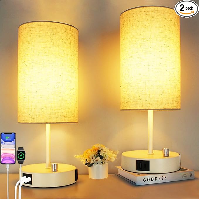 HiBay 17.75" H Dimmable LED Bedside Table Lamps Set of 2 with USB Charging Ports & AC Outlet, Modern White Nightstand Lights for Bedroom, Office, Living Room, Kids Room, E26 Bulb Included